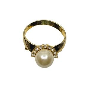 Vintage JJ Jonette Jewelry Gold Tone Faux Pearl Rhinestone Ring Shaped Brooch